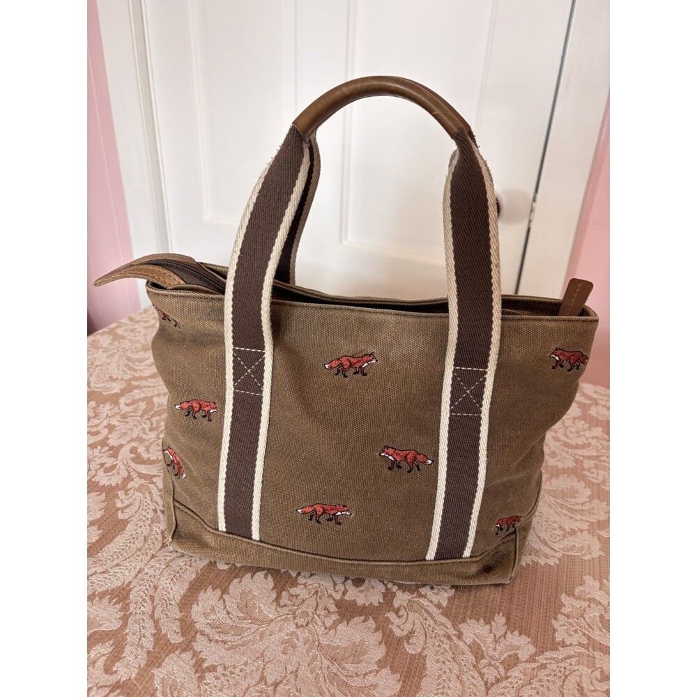 LL Bean Corduroy 20" Zip Tote Bag Fox Embroidered Leather Handles Brown Vintage